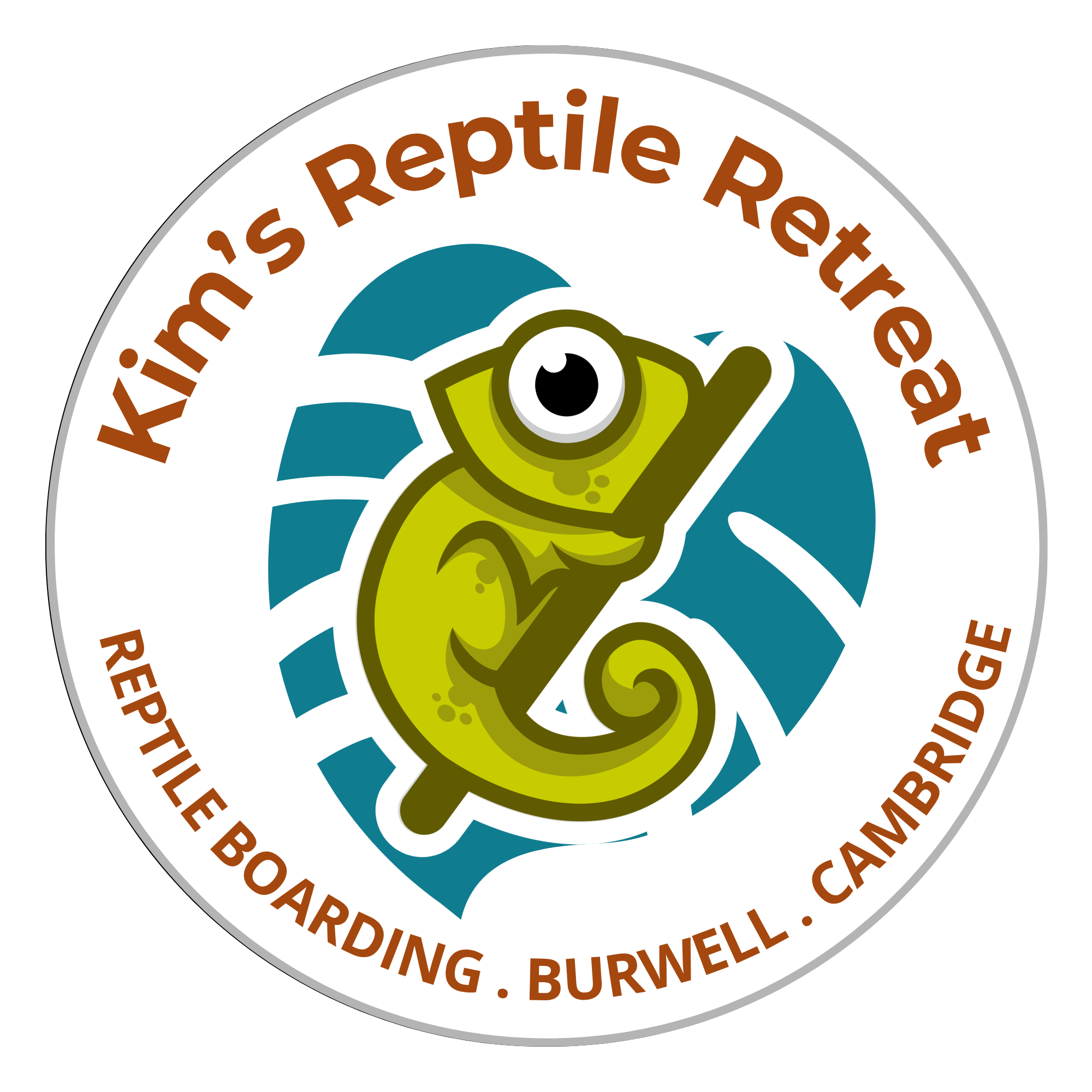 kims-reptile-retreat-logo-burwell-cambridge.png A green chameleon resting on a brown stick in front of a teal coloured monstera leaf. writing says Kim's Reptile Retreat Reptile Boarding, Burwell, Cambridge in brown colour